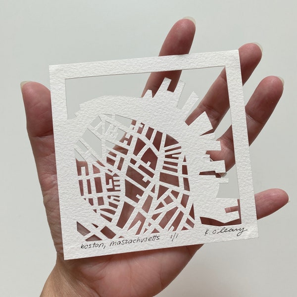 Boston, Massachusetts Hand Cut Map Artwork, 4x4