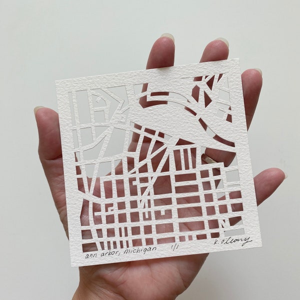 Ann Arbor, Detroit, or Traverse City, Michigan Hand Cut Map Artwork, 4x4