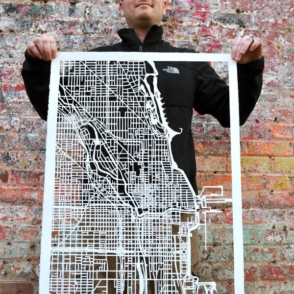 Chicago, Illinois Hand Cut Map Original Artwork. 22"x30"