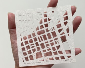 Des Moines, Iowa City, Cedar Rapids or Lake Okoboji Hand Cut Map Artwork, 4x4