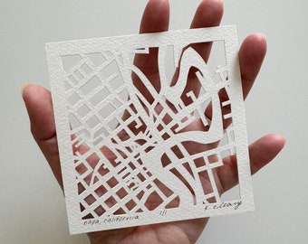 Napa, Santa Cruz, Santa Monica, San Luis Obispo, St. Helena, or Venice Beach, California Hand Cut Map Artwork, 4x4