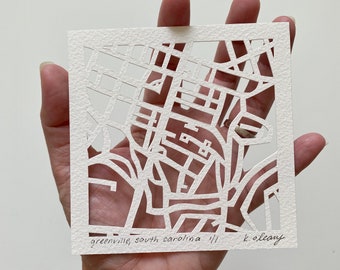Greenville SC Map Artwork, 4x4 Original Paper Cut