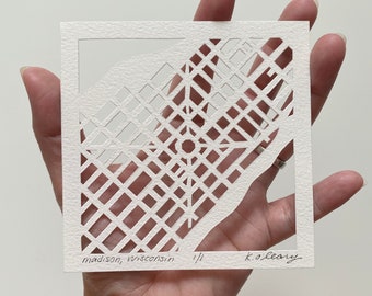 Madison, Wisconsin Hand Cut Map Artwork, 4x4