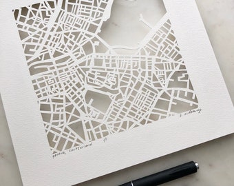 Geneva, Basel or Zurich, Switzerland Hand Cut Map Original Artwork