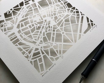 Munich, Berlin, Cologne or Dusseldorf hand cut map, 10x10
