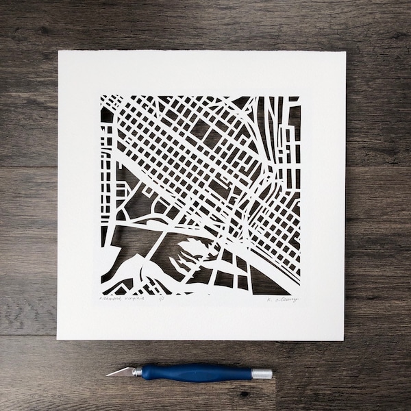 Richmond, Virginia or Morgantown, WV Hand Cut Map Artwork