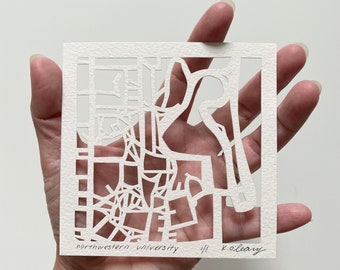 Hand Cut Map Artwork, Northwestern University, 4x4 Original Art