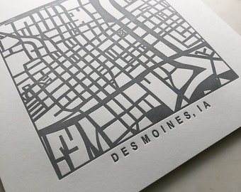 Des Moines, Iowa Letterpress Map Print