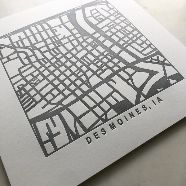 Des Moines, Iowa Letterpress Map Print