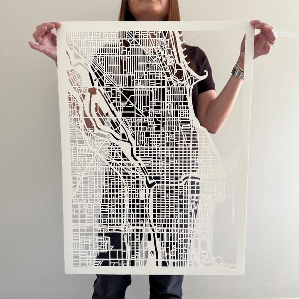 Mapa de Chicago cortado a mano, obra de arte recortada en papel de Illinois (22 x 30)