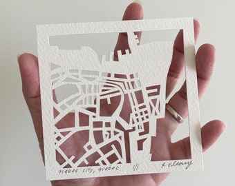 Quebec City or Montreal Hand Cut Map Artwork, 4x4