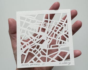 Munich, or Berlin, Germany Hand Cut Map Artwork, 4x4