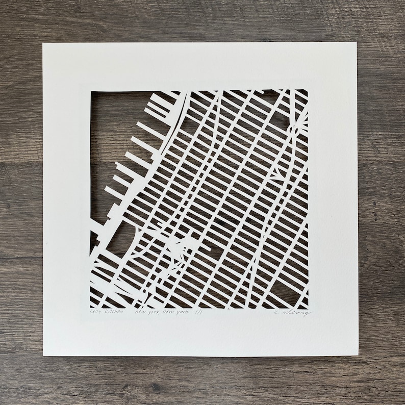 New York City Neighborhood Hand Cut Map Original Artwork Hell’s Kitchen