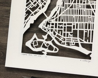 Buffalo, Ithaca, Niagara Falls, Rochester, Troy, or Utica, Lake Placid, New York Hand Cut Map Artwork.