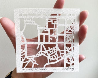 Hand Cut University Map Art, Florida College Gift (4x4)