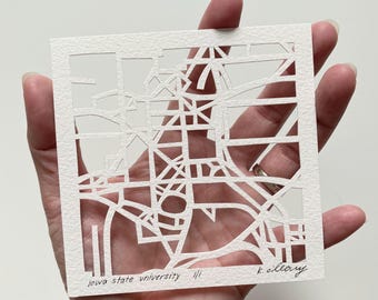 Hand Cut Iowa University Map Art, Minimalist Paper Artwork (4x4)