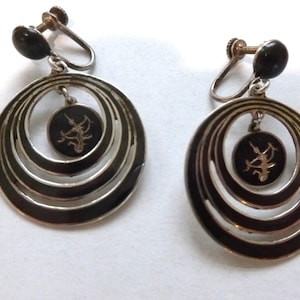 Vintage Siam Sterling Silver and Enamel Screw Back Earrings, Siam Silver Hoop Earrings, Silver and Enamel Earrings