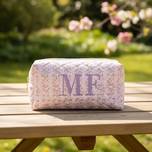 Embroidered Floral Makeup Bag: Quilted Cotton Cosmetic Travel Pouch