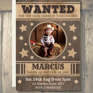 Se busca paquete de invitación para el primer cumpleaños con tema de vaquero Plantilla de invitación electrónica editable para la primera fiesta del sheriff E-vite Guardar la fecha Agradecimiento