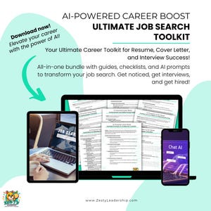 May include: A digital illustration of a laptop computer with a person's hand typing on the keyboard. The laptop screen shows the text "JOB SEARCH". The image also shows a smartphone with the text "Chat AI" on the screen. The image is a marketing graphic for a career toolkit.