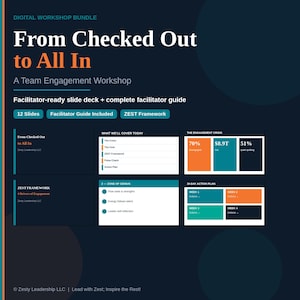 Puede incluir: Paquete de taller digital titulado "From Checked Out to All In". El gráfico azul oscuro incluye texto, gráficos y diagramas. Los temas clave incluyen la participación del equipo, el marco ZEST y un plan de acción de 30 días. Incluye 12 diapositivas y una guía.