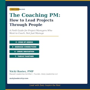 以下が含まれることがあります： 「The Coaching PM: How to Lead Projects Through People」というタイトルの本の表紙。著者のニッキー・バクスターの名前とウェブサイトzestyleadership.comが記載されています。プロジェクトマネージャー向けのガイドです。