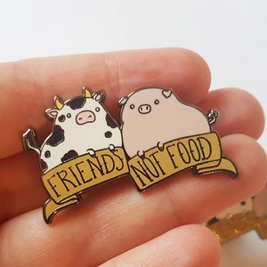 Vegan enamel pin, friends not food, kawaii lapel pin, vegan gift, cute animal badge, vegetarian gift