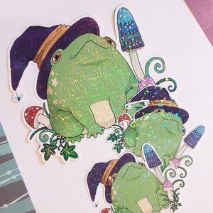 Ensemble d'autocollants holographiques grenouille, sorcière et champignons, adorables autocollants crapauds sur le thème du cœur de la maison avec des vibrations de sorcière pour agendas ou cahiers