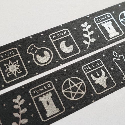 Black and silver tarot cards washi tape, witchy vibes, occult planner or bullet journal craft tape, gothic craft tape