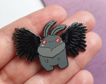 Creepy cute mothman enamel pin, kawaii cryptid halloween badge, urban legend or folk law lapel pin, spooky pin badge