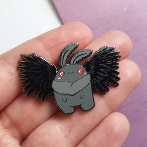 Creepy cute mothman enamel pin, kawaii cryptid halloween badge, urban legend or folk law lapel pin, spooky pin badge