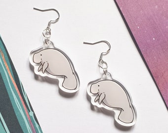 Manatee earrings, cute Florida sea cow jewellery, handmade plastic kawaii dugong art earrings