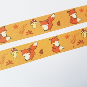 Cute fox washi tape, autumn washi tape, kawaii planner tape, cute washi, mushroom washi, kawaii craft tape