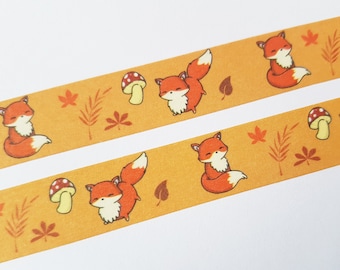 Cute fox washi tape, autumn washi tape, kawaii planner tape, cute washi, mushroom washi, kawaii craft tape