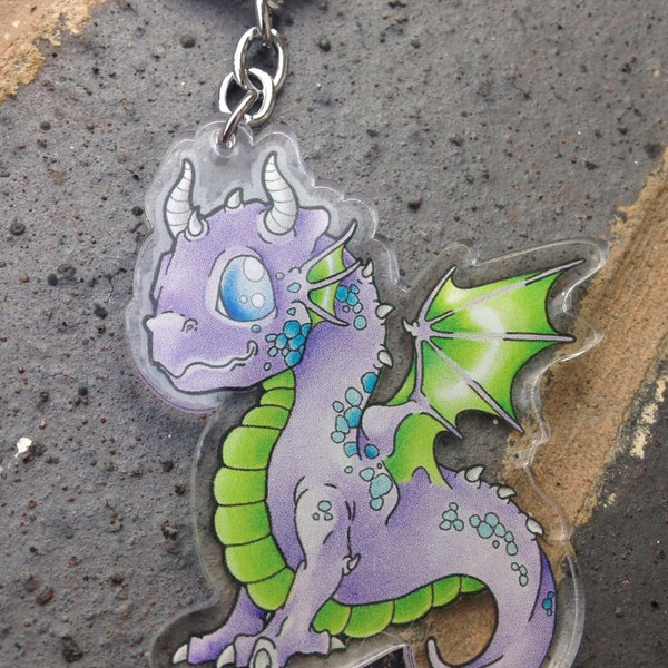 Dragon mignon acrylique porte-clé, porte-clé, kawaii purple dragon, dragon chibi, lolita, accessoire de style fairy kei, art fantastique