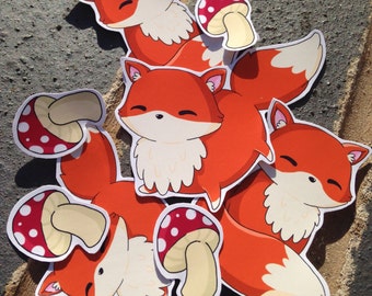 kawaii fox and mushroom sticker set, autumn stickers, cute fox, cute sticker set, fall stickers, planner stickers