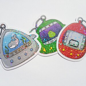 Virtual pet stickers, cute holographic hand drawn retro sticker set, 1990s toys nostalgia