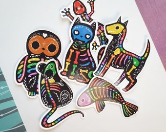 Rainbow animal bones stickers, hand drawn cute sticker set for planners, notebooks, day of the dead style gothic skeleton