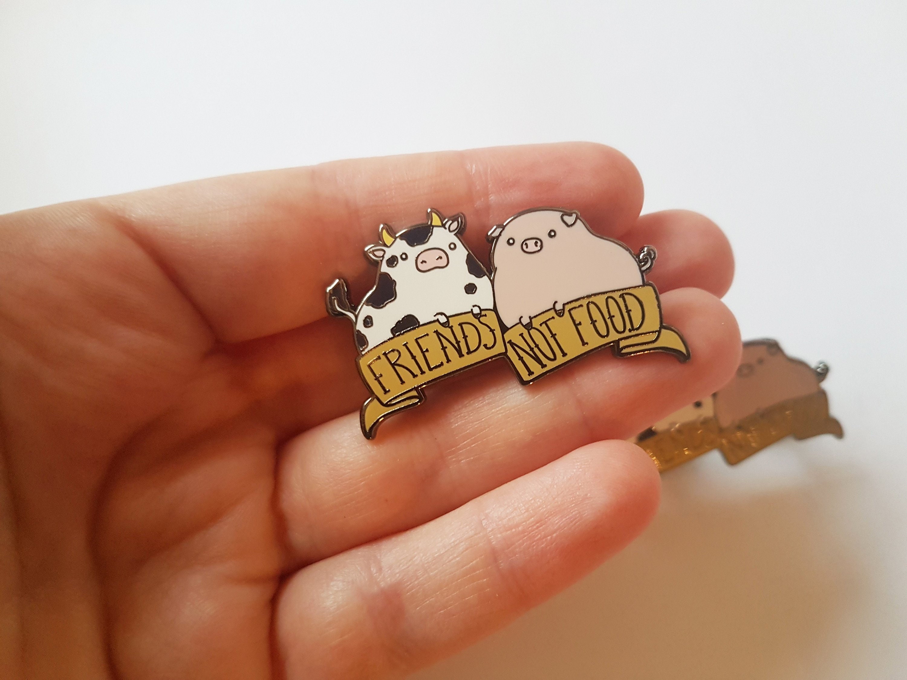 Vegan enamel pin, friends not food, kawaii lapel pin, vegan gift, cut…