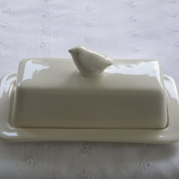 Butter Dish With Bird Knob - 2 Piece - Ivory White - New, Pottery -  USA Made