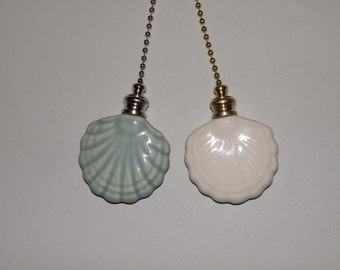 Pottery Ceiling Fan/Light Pull - Celadon Green Or Ivory White -  Fan Shaped Shell - USA Made