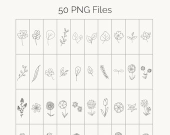 Può includere: Una collezione di 50 illustrazioni di arte lineare botanica in formato PNG. L'immagine presenta vari disegni in bianco e nero di fiori, foglie e altri elementi vegetali, disposti in una griglia. Il testo in alto recita "BOTANICAL LINE ART - SET 1" e "50 PNG Files".