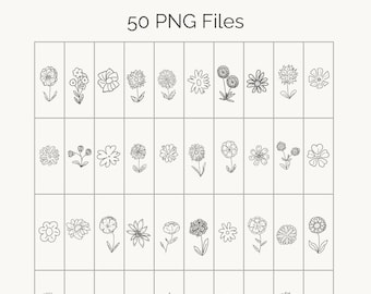 Può includere: Una griglia di 50 illustrazioni di arte lineare botanica in bianco e nero di vari fiori. Il testo in alto recita "BOTANICAL LINE ART - SET 3" e "50 PNG Files". Il testo in basso recita "High-Resolution PNG | Transparent Background".