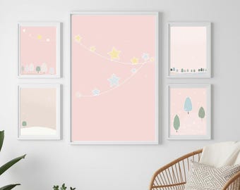 Set di 5 stampe digitali da parete per la cameretta da sogno / Stelle rosa e pastello per decorare la stanza della bambina / Estetica, stravagante, rosa e invernale