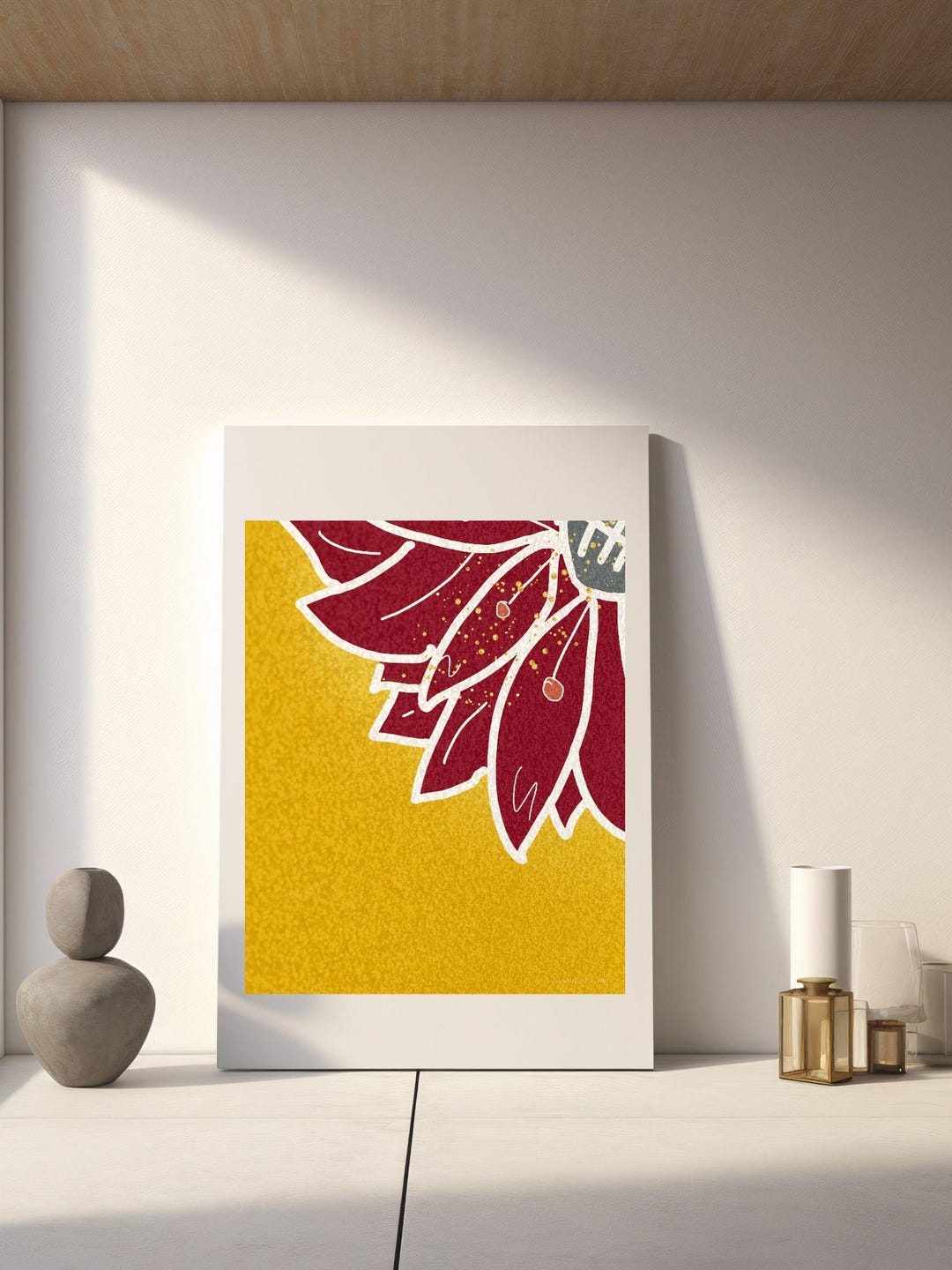 Modern Floral Wall Art Print | Bold Red and Mustard Yellow Botanical ...