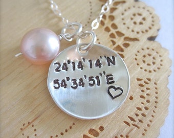 Latitude and Longitude necklace with heart, coordinate jewelry, nautical necklace, sailing jewelry, newlywed gift, custom latitude longitude