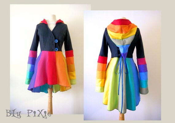 10 Color Rainbow Hi Low Fleece Swing Jacket Striped Carousel Pixie Elven Coat Midi Length High Waist Corset Laced Spring Autumn Overcoat