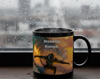 Monkey Bunga Mug | Black Ceramic Coffee Cup, 11oz or 15oz