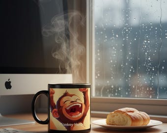 Monkey Hero Illustration Mug | Black Ceramic Coffee Cup