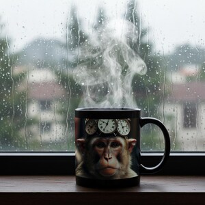 May include: Black coffee mug featuring a monkey wearing a crown of clocks. The mug has a handle and is filled with steaming hot liquid. The background shows a window with rain and a blurred outdoor scene.